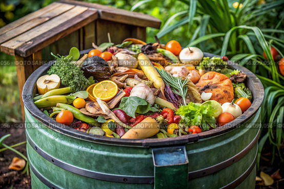 An open compost container with peels and fruit and vegetable clippings. Organic waste in a garden composter. Eco-friendly gardening, sustainability, ecology. Стоковое AI-изображение, AI-художник Photojuli / Фотобанк Лори