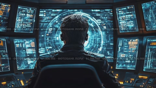 An operator intently analyzes multiple data screens filled with shifting numbers and graphs in a futuristic control environment during the night. Стоковое AI-видео, аниматор Данила Большаков / Фотобанк Лори