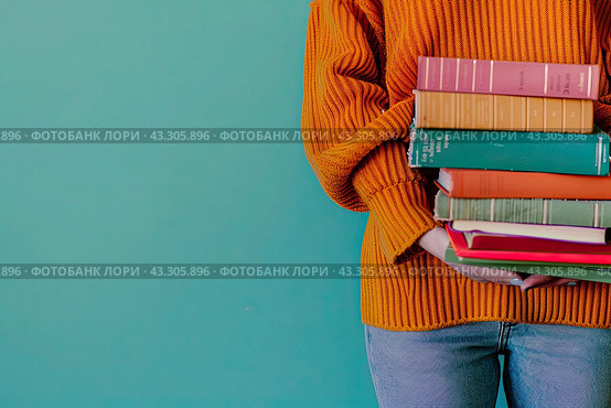An unidentified girl in a red sweater holds a stack of books on a green background. Copy space. Стоковое AI-изображение, AI-художник Ярославский Максим / Фотобанк Лори
