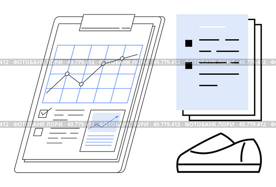 Analytics chart with rising trendline, documents, and a calculator. Ideal for business reports, financial analysis, marketing strategies, research, presentations, office environments. Line metaphor. Analytics Chart on Clipboard with Documents and Calculator Illustration for Data Analysis. Стоковая иллюстрация, агентство Ingram Publishing / Фотобанк Лори