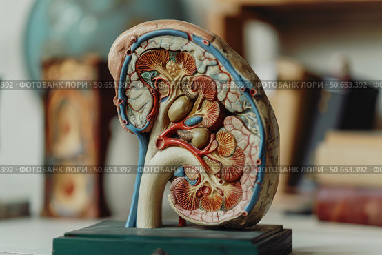 Anatomical model of human kidney for medical education. Стоковое AI-изображение, AI-художник Иван Рябоконь / Фотобанк Лори