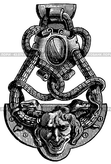 Ancient Bronze Art. Door knocker from Bologna. Italian Renaissance. Publication of the book "Meyers Konversations-Lexikon", Volume 7, Leipzig, Germany, 1910. Стоковая иллюстрация, иллюстратор Sergey Kohl / Фотобанк Лори