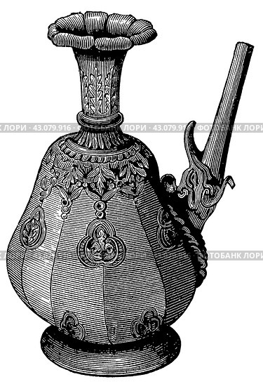Ancient Bronze Art. Old Indian jug. Publication of the book "Meyers Konversations-Lexikon", Volume 7, Leipzig, Germany, 1910. Стоковая иллюстрация, иллюстратор Sergey Kohl / Фотобанк Лори