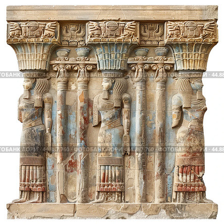 Ancient egyptian relief depicting goddesses standing on platform. Стоковое AI-изображение, AI-художник Иван Рябоконь / Фотобанк Лори