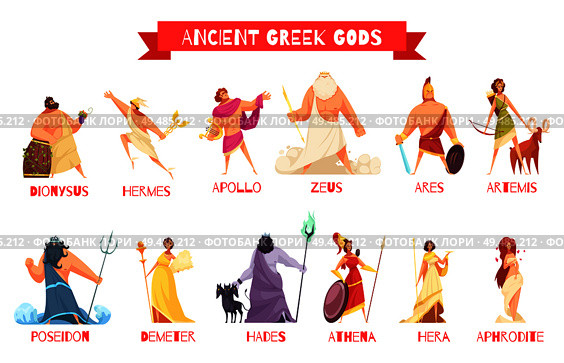 Ancient greek gods 2 horizontal cartoon figures sets with dionysus zeus poseidon aphrodite apollo athena vector illustration. Стоковая иллюстрация, агентство Ingram Publishing / Фотобанк Лори