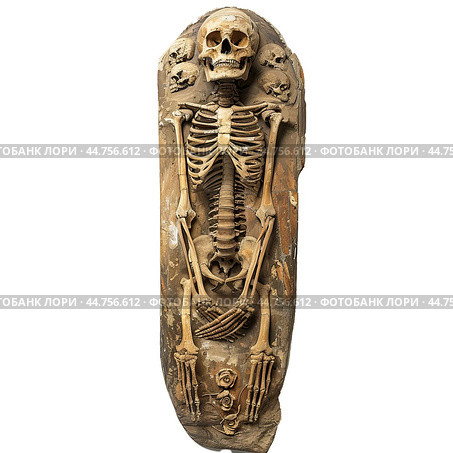 Ancient human skeleton in sarcophagus. Стоковое AI-изображение, AI-художник Иван Рябоконь / Фотобанк Лори