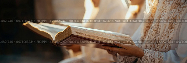 Ancient Wisdom: Open Book of Scriptures held by a Person in Ceremonial Dress. Стоковое AI-изображение, AI-художник Данила Большаков / Фотобанк Лори