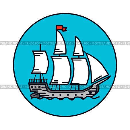 Ancient wooden ship with white sails and red flag goes through water surface isolated cartoon vector illustration inside blue circle.. Ancient Wooden Ship with White Sails on Water. Стоковая иллюстрация, агентство Ingram Publishing / Фотобанк Лори