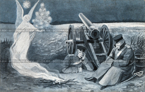 Ангел в окопах. Рождественская открытка времен первой мировой войны, 1915. Стоковое фото, фотограф Retro / Фотобанк Лори