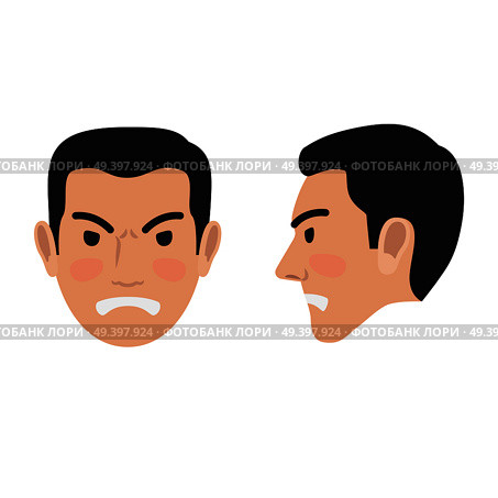 Angry brunet man face icon. Male head in full face and profile view with clenched teeth and frowned eyebrows flat vector isolated on white. Human negative emotions illustration for people infographics. Стоковая иллюстрация, агентство Ingram Publishing / Фотобанк Лори