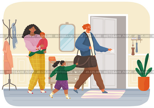 Angry man leaving family after conflict. Woman and man quarreling, father leaves thinking of divorce, children suffering, wife crying. Unhappy marriage vector illustration. Domestic quarrels, problem. Angry man leaving family after conflict. Woman and man quarreling, father leaves thinking of divorce. Стоковая иллюстрация, агентство Ingram Publishing / Фотобанк Лори