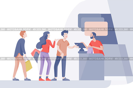 Angry People queue in supermarket with cashier, where to buy concept of shop assistant. Selling interaction, purchasing process. Dissatisfied and tired customer scream and swear. People Shopping in supermarket. Woman in supermarket with cashier, where to buy concept of customer and shop assistant. Selling interaction, purchasing process. Creative landing page. Стоковая иллюстрация, агентство Ingram Publishing / Фотобанк Лори
