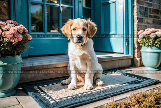 Animal care. The puppy sits patiently at the front door, looking forward to his master and walking with him. Стоковое AI-изображение, AI-художник Photojuli / Фотобанк Лори