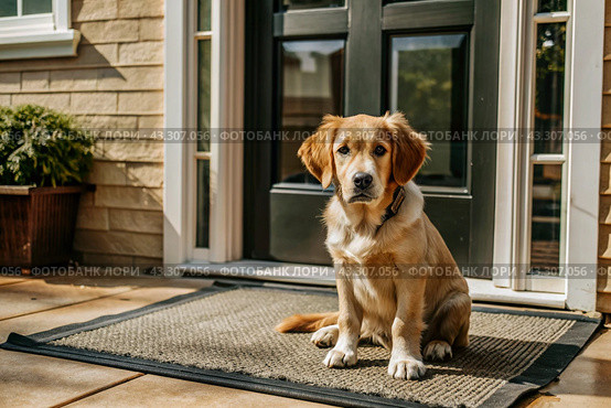 Animal care. The puppy sits patiently at the front door, looking forward to his master and walking with him. Стоковое AI-изображение, AI-художник Photojuli / Фотобанк Лори