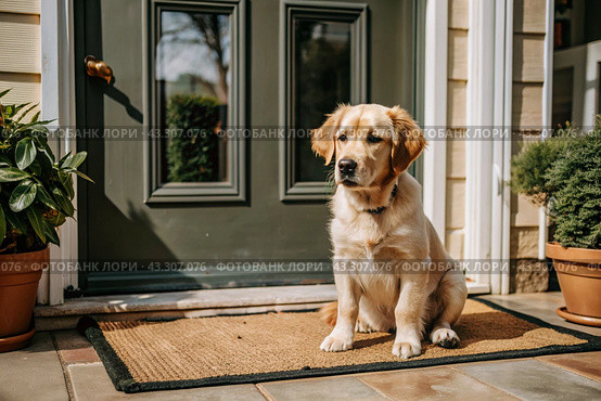 Animal care. The puppy sits patiently at the front door, looking forward to his master and walking with him. Стоковое AI-изображение, AI-художник Photojuli / Фотобанк Лори