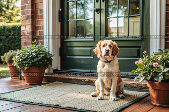 Animal care. The puppy sits patiently at the front door, looking forward to his master and walking with him. Стоковое AI-изображение, AI-художник Photojuli / Фотобанк Лори