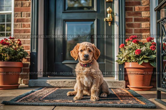 Animal care. The puppy sits patiently at the front door, looking forward to his master and walking with him. Стоковое AI-изображение, AI-художник Photojuli / Фотобанк Лори