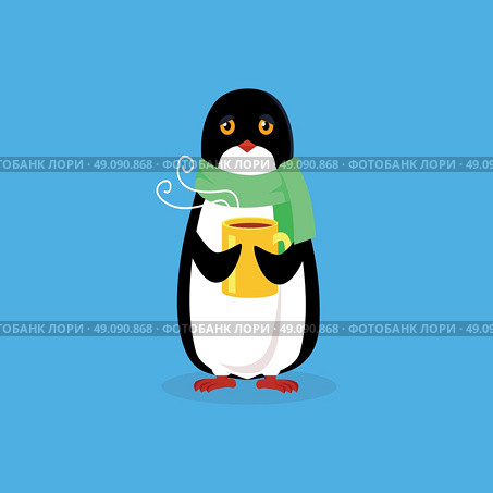 Animal penguin design flat. Bird penguin vector, cartoon polar animal winter isolated, penguin in scarf, wild penguin character with scarf and cup illustration. Стоковая иллюстрация, агентство Ingram Publishing / Фотобанк Лори