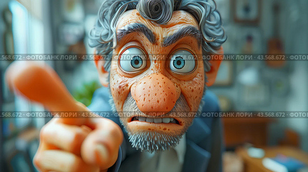 Animated Character Accusingly Points Finger in Close-Up Shot. Стоковое AI-изображение, AI-художник Сергей Толмачёв / Фотобанк Лори