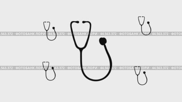 Анимация увеличения и уменьшения изображения символа стетоскопа. Большой черный символ в центре и четыре маленьких символа вокруг. Плавная закольцованная анимация в формате 4k на белом фоне. Стоковое видео, видеограф Карпенко Алексей / Фотобанк Лори