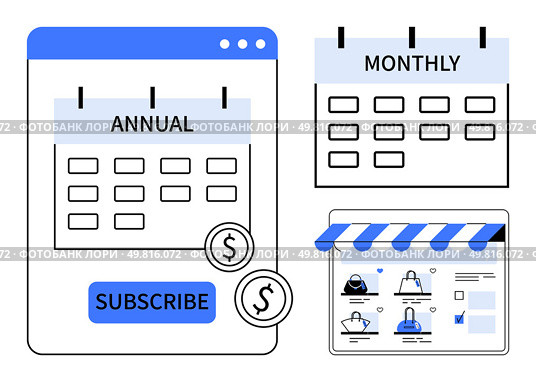 Annual and monthly calendars with Subscribe button, dollar signs, and an online storefront with products. Ideal for financial planning, subscription services, e-commerce, budgeting, time management. Comparison Between Annual and Monthly Subscription Plans with Online Storefront and Payment Elements. Стоковая иллюстрация, агентство Ingram Publishing / Фотобанк Лори