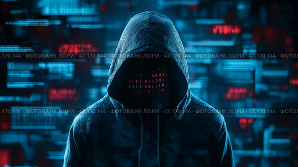 Anonymous figure in hoodie with obscured face amid digital binary backdrop at night. Замаскированная фигура стоит на фоне светящегося двоичного кода, создавая атмосферу таинственности и интриги. Лицо скрыто, что усиливает ощущение анонимности и тайны. Стоковое AI-изображение, AI-художник Katsiaryna Repich / Фотобанк Лори