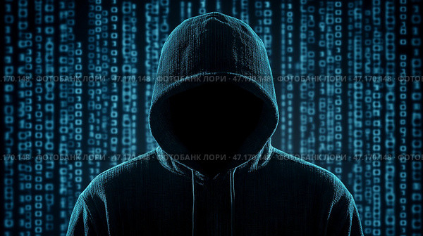 Anonymous figure in hoodie with obscured face amid digital binary backdrop at night. Замаскированная фигура стоит на фоне светящегося двоичного кода, создавая атмосферу таинственности и интриги. Лицо скрыто, что усиливает ощущение анонимности и тайны. Стоковое AI-изображение, AI-художник Katsiaryna Repich / Фотобанк Лори