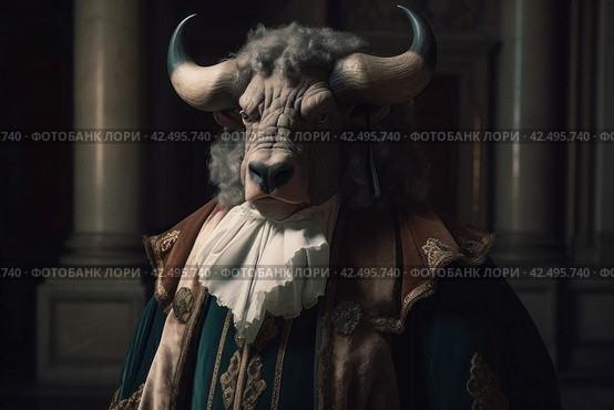 Anthropomorphic bison dressed in aristocrat costume. Generate ai. Стоковое AI-изображение, AI-художник Иван Рябоконь / Фотобанк Лори