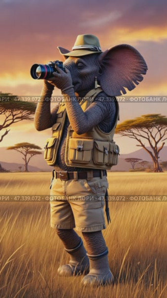 Anthropomorphic elephant tourist takes pictures on savanna. Стоковое AI-видео, аниматор Михаил Николаев / Фотобанк Лори