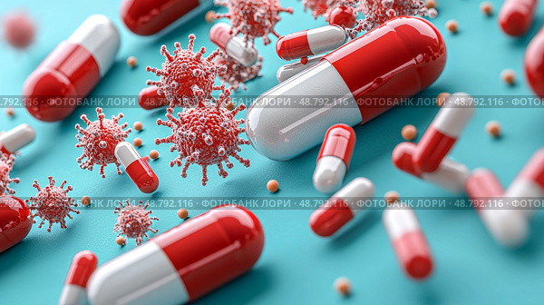 Antibiotic pills surrounded by resilient bacteria, Healthcare dilemma, Visual representation of antibiotic resistance crisis. Стоковое AI-изображение, AI-художник Anastasy Yarmolovich / Фотобанк Лори