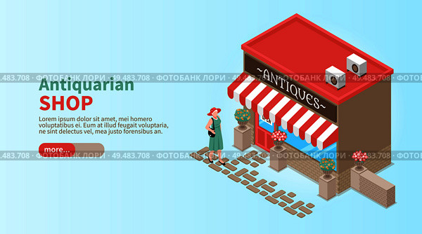 Antiquarian shop horizontal banner with elegant woman coming to shop window to make vintage purchase isometric vector illustration. Стоковая иллюстрация, агентство Ingram Publishing / Фотобанк Лори