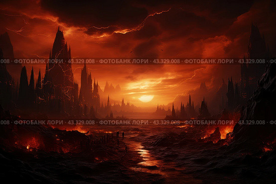 Apocalyptic landscape with a fiery sunset in the background. The sky is painted in rich shades of orange and red, with thunderclouds and flashes of lightning. Gigantic black rocks rise on both sides, creating an eerie and ominous atmosphere. In the center of the scene, a river of lava can be seen flowing through the scorched lands. In the foreground, silhouettes of several figures can be seen walking across this barren, scorched landscape. The image creates a feeling of fear, destruction and mysticism. Стоковое AI-изображение, AI-художник Анна Кривицкая / Фотобанк Лори
