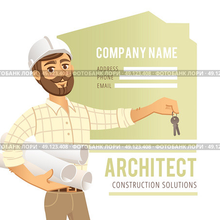 Architect in helmet with blueprints and keys in hand against background of constructed house, cottage. Character Construction Architect Engineer. Concept for banner, business card. Vector illustration. Стоковая иллюстрация, агентство Ingram Publishing / Фотобанк Лори
