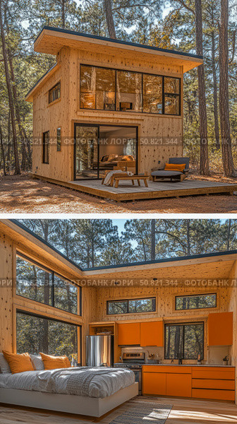 Architectural lodging: Wooden cabin nestled in the woods with modern amenities and a seamless blend of nature and contemporary living. Стоковое AI-изображение, AI-художник Данила Большаков / Фотобанк Лори