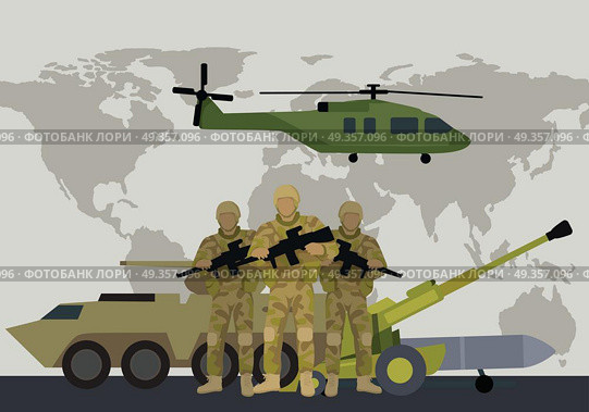 Armed Forces Vector Concept in Flat Design. Different types of armed forces. Soldiers in ammunition with guns, APC, cannon, rocket, helicopter flat vector illustrations world map on background. For warfare concepts, military service contract ad. Armed Forces Vector Concept in Flat Design. Стоковая иллюстрация, агентство Ingram Publishing / Фотобанк Лори