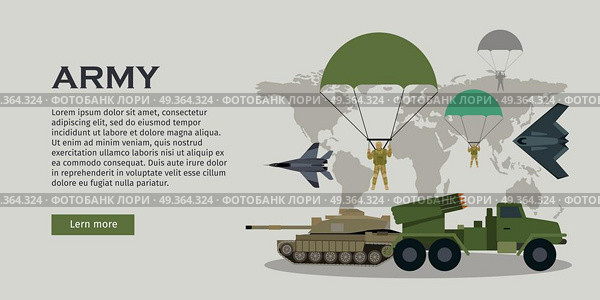 Armed Forces Vector Concept in Flat Design. Different types of armed forces. Paratroopers, fighter jet, bomber, tank, reactive artillery flat vector illustrations world map on background. For warfare concepts, military service contract ad. Стоковая иллюстрация, агентство Ingram Publishing / Фотобанк Лори
