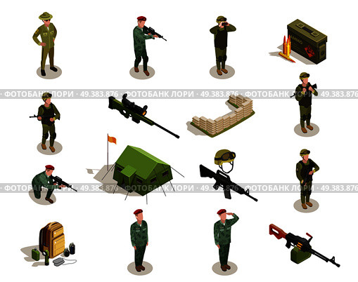 Army personnel military kit personal belongings ammunition weapon isometric icons collection with servicemen in uniform isolated vector illustration . Army Military Isometric Elements Set. Стоковая иллюстрация, агентство Ingram Publishing / Фотобанк Лори