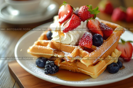 Aromatic Bakes waffles morning. Generate Ai. Стоковое AI-изображение, AI-художник Иван Рябоконь / Фотобанк Лори