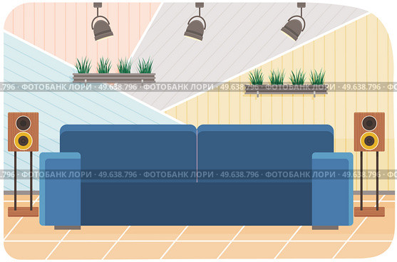 Arrangement of furniture in workplace of interviewer. Furniture elements and decorations of interior vector illustration. Interior design of room for interviews, broadcasts, podcasts in studio. Arrangement of furniture in workplace of interviewer. Interior design of room for broadcast, podcast. Стоковая иллюстрация, агентство Ingram Publishing / Фотобанк Лори