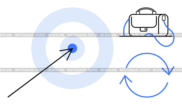 Arrow hitting target, briefcase, and circular arrows representing achieving goals, continuous improvement, and work. Ideal for business, success, productivity, efficiency, professional growth. Achieving Goals and Continuous Improvement in Professional Life with Recycling Symbol. Стоковая иллюстрация, агентство Ingram Publishing / Фотобанк Лори