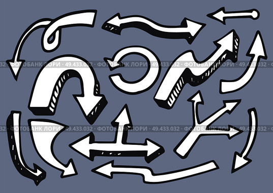 Arrows collection of hand drawn elements that show consequence and reason, circular lines with pointers, vector illustration isolated on grey. Arrows Set Hand Drawn Elements Vector Illustration. Стоковая иллюстрация, агентство Ingram Publishing / Фотобанк Лори