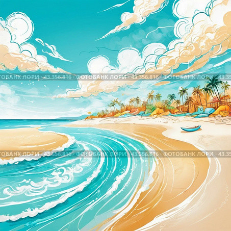 Art beach scene with gentle waves, sandy shoreline. Bright colors create peaceful atmosphere. Generated AI. Sunny beach holidays travel concept. Copy space. Sunny tropic paradise. Plage background. Стоковое AI-изображение, AI-художник Юлия Петровская / Фотобанк Лори
