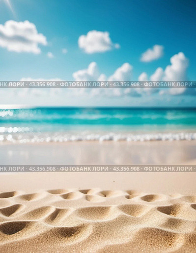 Art beach scene with gentle waves, sandy shoreline. Bright colors create peaceful atmosphere. Generated AI. Sunny beach holidays travel concept. Copy space. Sunny tropic paradise. Plage background. Стоковое AI-изображение, AI-художник Юлия Петровская / Фотобанк Лори