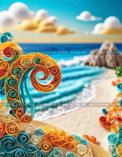 Art beach scene with gentle waves, sandy shoreline. Bright colors create peaceful atmosphere. Generated AI. Sunny beach holidays travel concept. Copy space. Sunny tropic paradise. Plage background. Стоковое AI-изображение, AI-художник Юлия Петровская / Фотобанк Лори