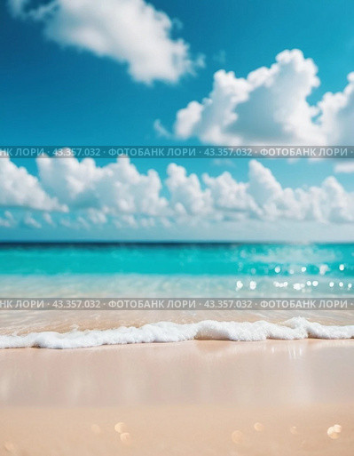 Art beach scene with gentle waves, sandy shoreline. Bright colors create peaceful atmosphere. Generated AI. Sunny beach holidays travel concept. Copy space. Sunny tropic paradise. Plage background. Стоковое AI-изображение, AI-художник Юлия Петровская / Фотобанк Лори