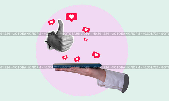 Art collage, girl's finger up and phone on a light background, around flying hearts from the phone. Стоковое фото, фотограф Григорий Алехин / Фотобанк Лори