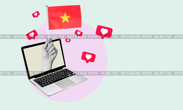 Art collage, Hand comes out of laptop with Chinese flag, hearts and likes around hand on light background. Стоковое фото, фотограф Григорий Алехин / Фотобанк Лори