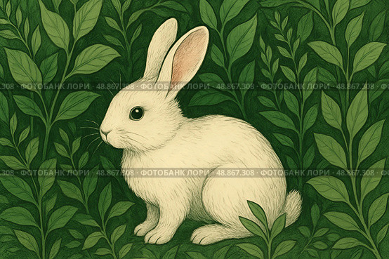 Art illustration: cute little white rabbit in green leaves. Стоковое AI-изображение, AI-художник Анастасия / Фотобанк Лори
