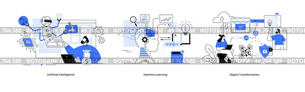 Artificial intelligence machine learning digital transformation concept set. Deep learning line vector. Ai, Data mining, algorithm, neural network, deep learning autonomous. Finance Fintech. Chat bot. Artificial intelligence machine learning digital transformation concept set. Deep learning line vector. Ai, Data mining. Стоковая иллюстрация, агентство Ingram Publishing / Фотобанк Лори