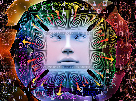 Artificial Intelligence series. Design composed of 3D illustration of human face and computer elements as a metaphor on the subject of super human AI, computer consciousness  and technology. Стоковое фото, агентство Ingram Publishing / Фотобанк Лори